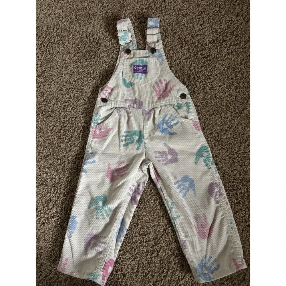 Vintage Oshkosh B’gosh Corduroy Vestbak Overalls Color block Handprint 3T